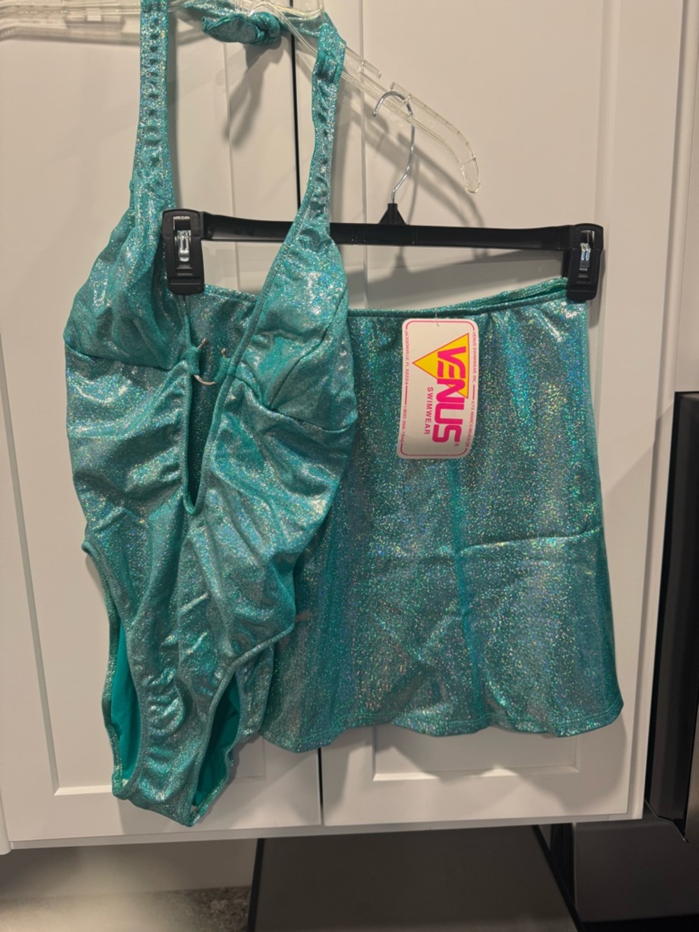 NWT VENUS Glitter Teal Halter One-Piece with Matching Skirt